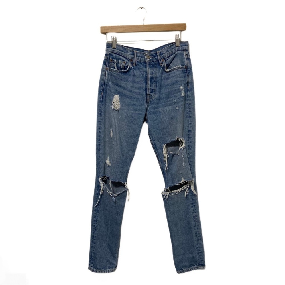 GRLFRND Blue Mid-Wash Karolina High-Rise Distressed Denim Skinny Jeans Size 26